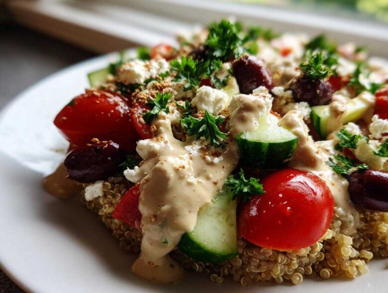 Close-up of a vibrant Mediterranean Quinoa Bowl topped with cherry tomatoes, cucumber, feta, olives, and drizzled with lemon tahini sauce.