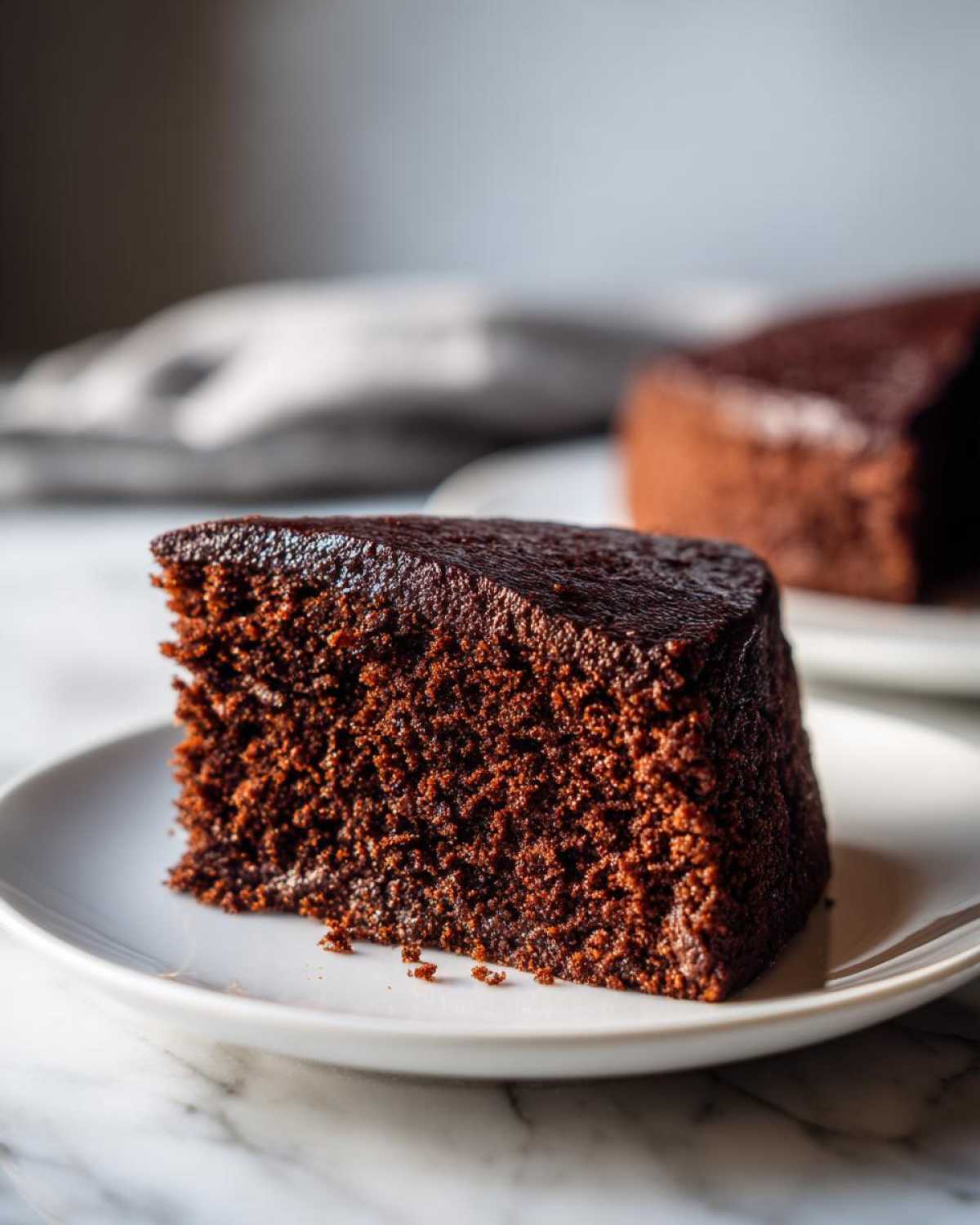 Close-up of a rich, dark slice of Gluten-Free Chocolate Cake with a moist crumb texture on a white plate.