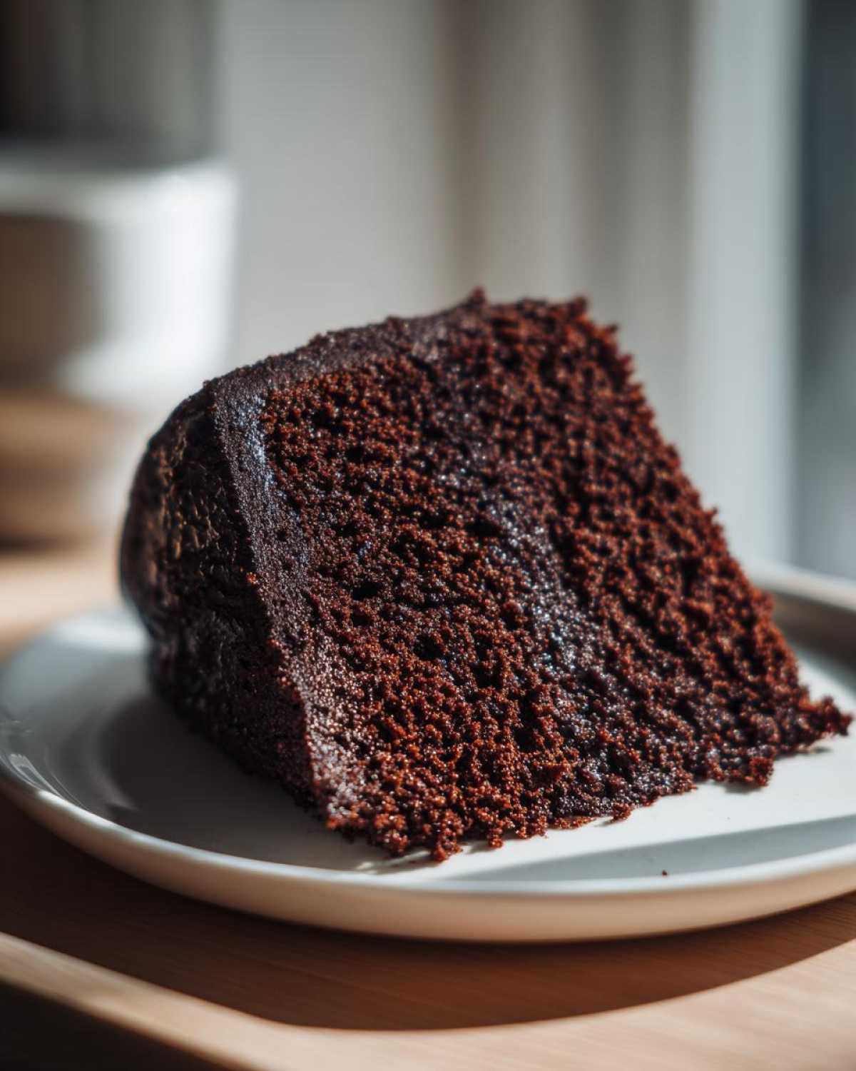Close-up of a rich, dark slice of Gluten-Free Chocolate Cake on a white plate.