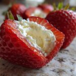 Close-up of a fresh strawberry cut open and generously filled with creamy No-Bake Cheesecake Stuffed Strawberries filling.