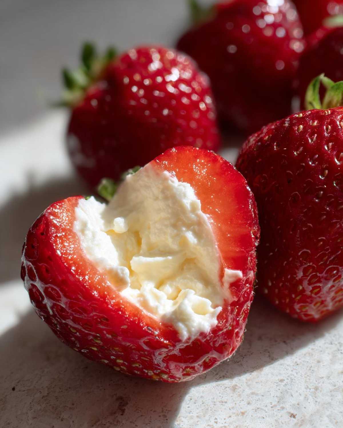 A close-up of a halved strawberry filled with creamy white No-Bake Cheesecake Stuffed Strawberries filling.