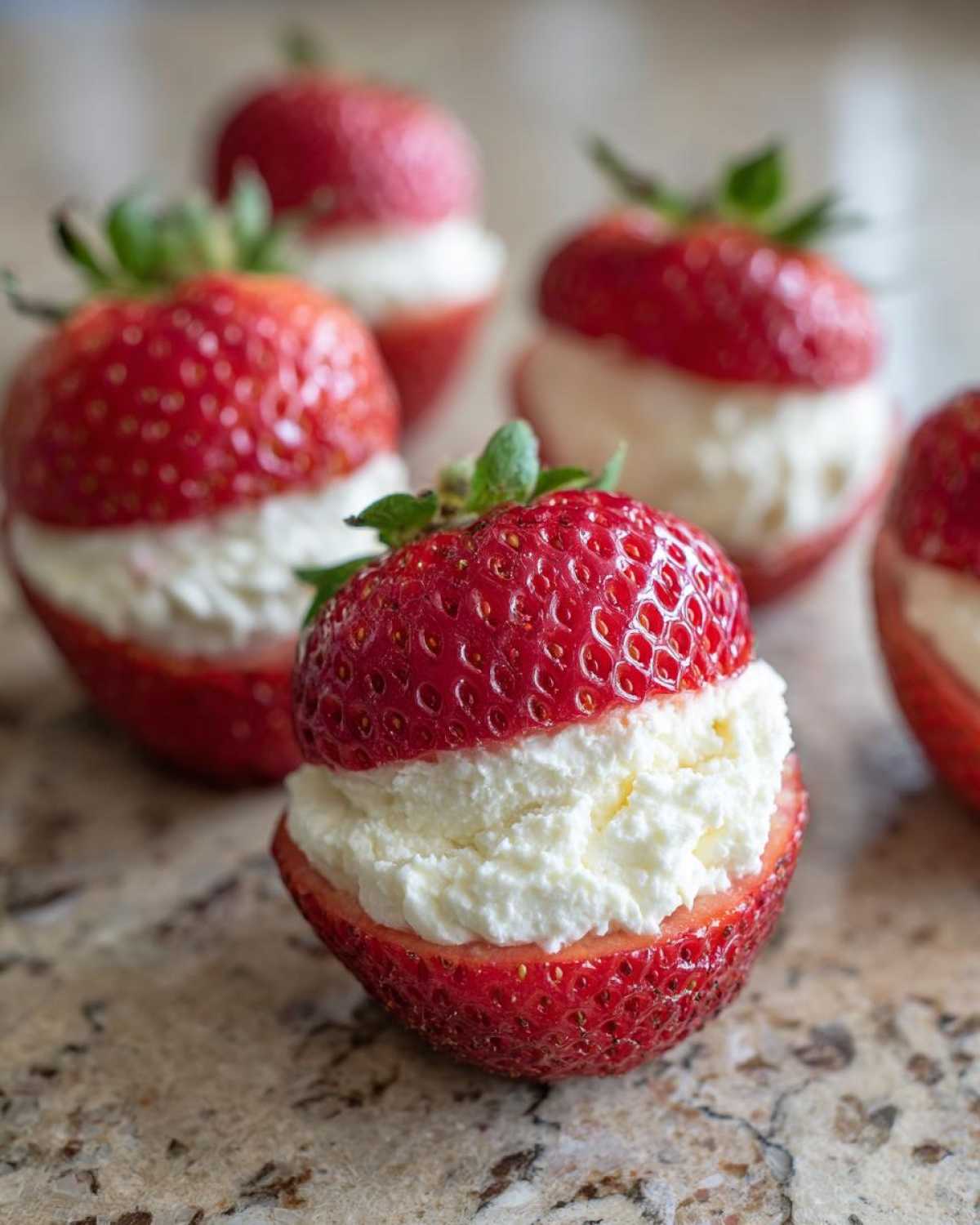A close-up of a fresh strawberry sliced in half and generously filled with creamy white No-Bake Cheesecake Stuffed Strawberries filling.