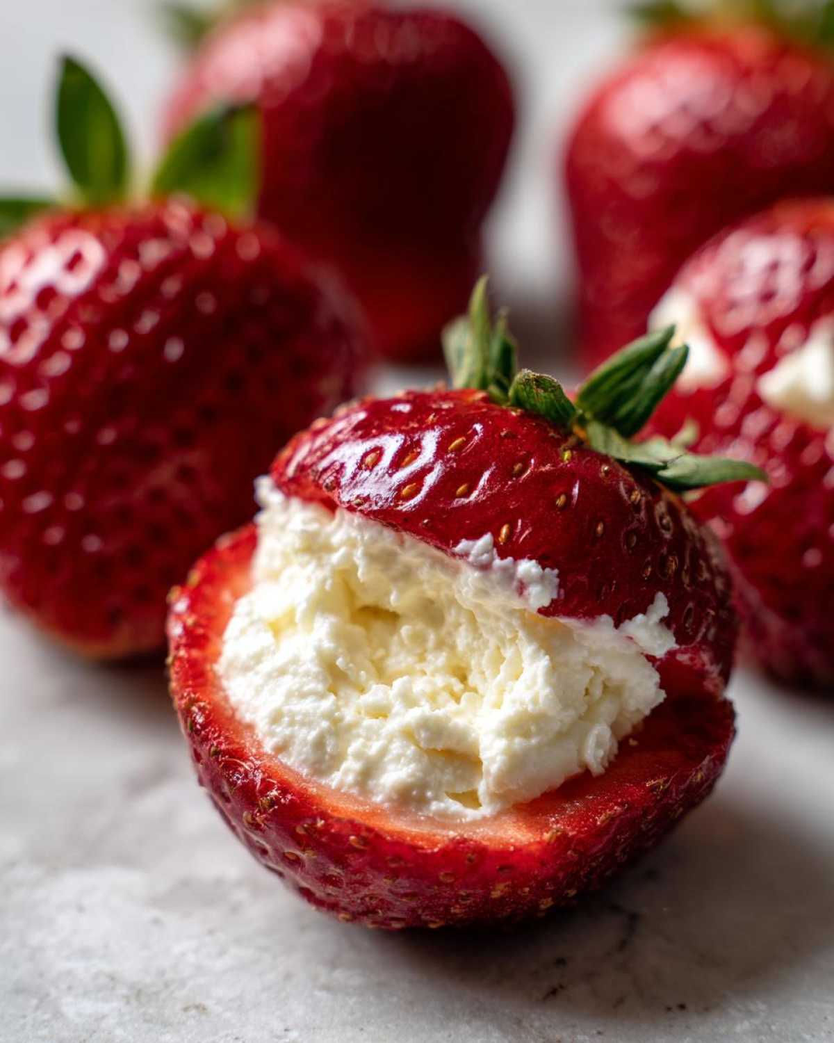 Close-up of a fresh strawberry hollowed out and generously filled with creamy white No-Bake Cheesecake Stuffed Strawberries filling.