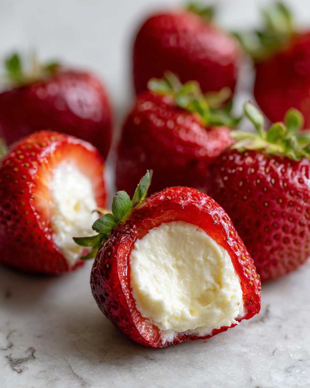 A close-up of a fresh strawberry hollowed out and filled with creamy white no-bake cheesecake filling.