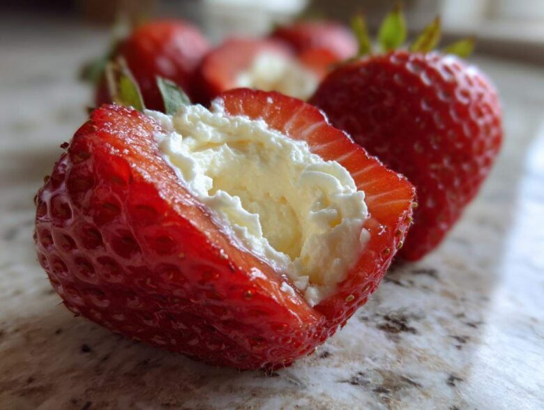 Close-up of a fresh strawberry cut open and generously filled with creamy No-Bake Cheesecake Stuffed Strawberries filling.