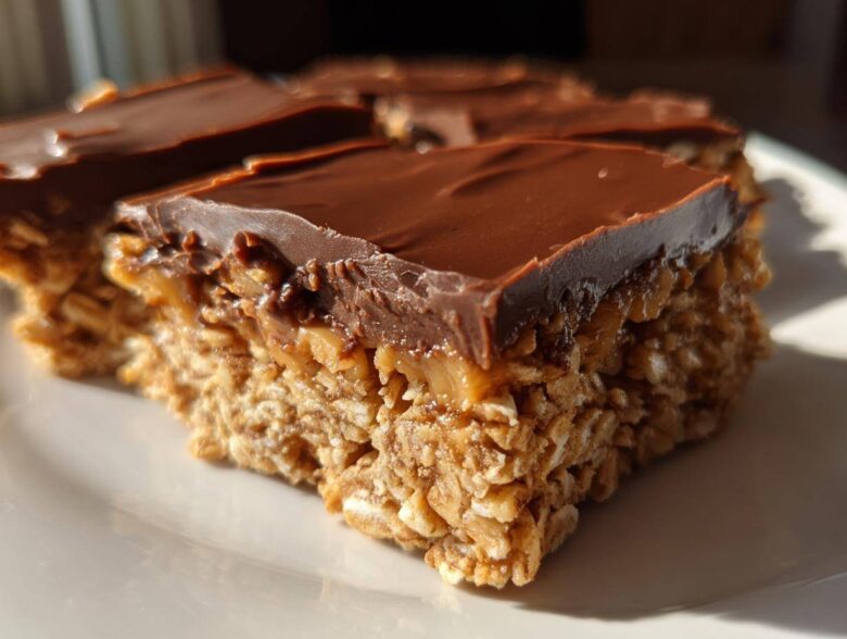 A close-up, sunlit shot of a square of No-Bake Chocolate Peanut Butter Oat Bars showing the thick oat base and chocolate topping.