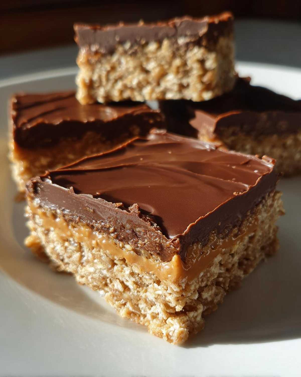 Close-up of layered No-Bake Chocolate Peanut Butter Oat Bars showing the oat base, peanut butter layer, and chocolate topping.