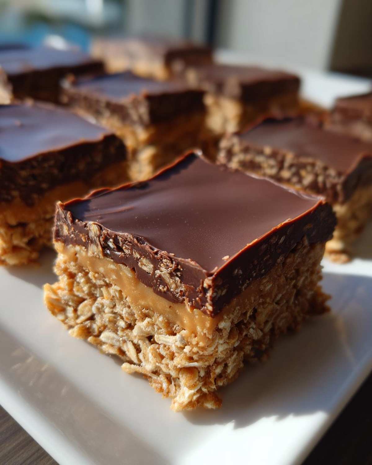 A single square of No-Bake Chocolate Peanut Butter Oat Bars featuring an oat base, peanut butter layer, and chocolate topping.