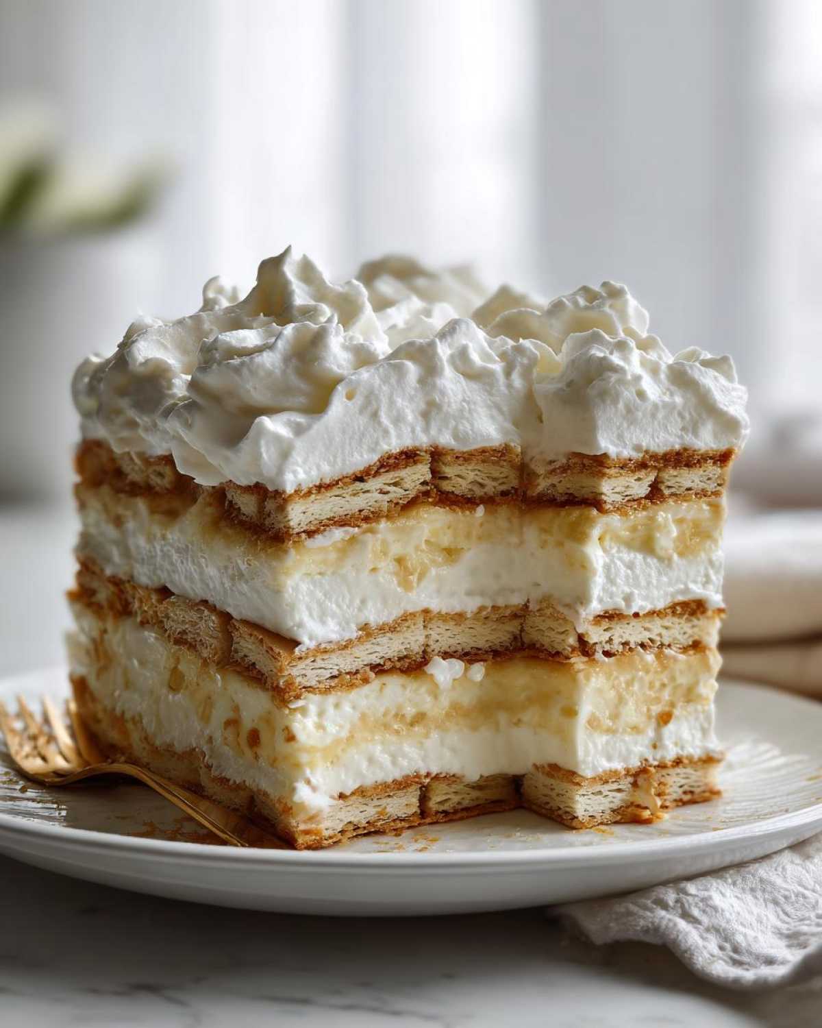 A tall, square slice of No-Bake Lemon Icebox Cake layered with graham crackers and lemon filling, topped with whipped cream.