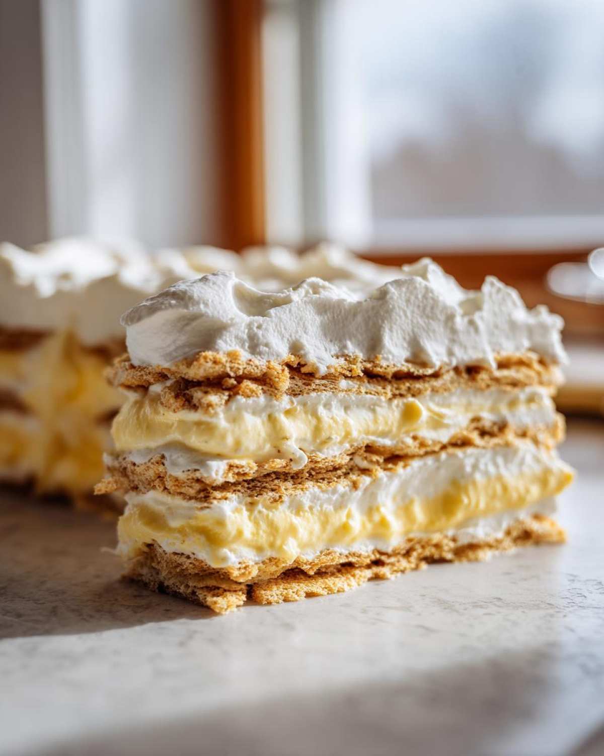 Close-up of a layered slice of No-Bake Lemon Icebox Cake showing graham crackers, lemon cream, and whipped topping.