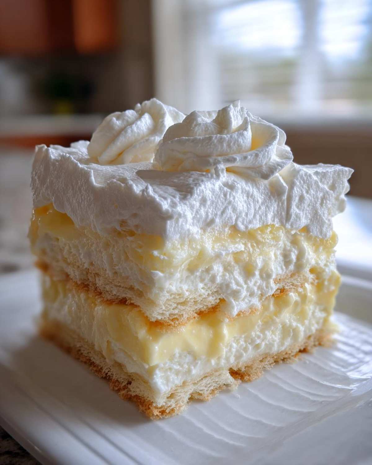 A close-up of a layered slice of No-Bake Lemon Icebox Cake topped with piped whipped cream.