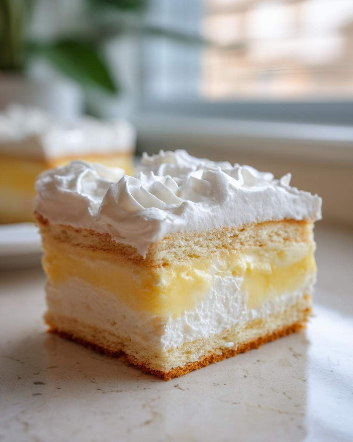 A close-up slice of No-Bake Lemon Icebox Cake showing layers of cake, lemon filling, and whipped cream.