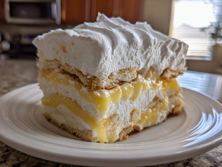 A tall slice of No-Bake Lemon Icebox Cake showing layers of lemon filling, whipped cream, and vanilla wafers.
