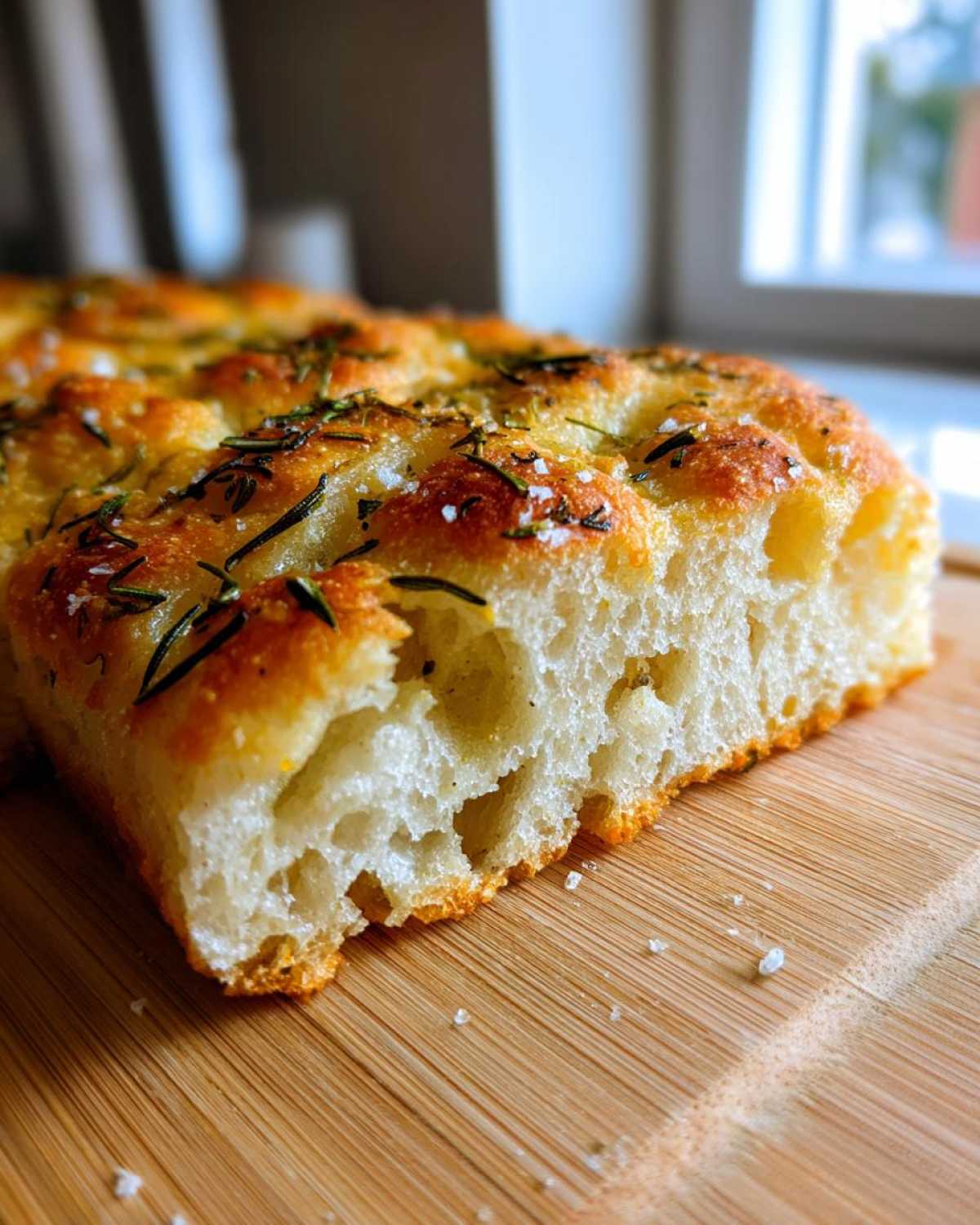 A close-up slice showing the airy crumb of No-Knead Skillet Focaccia with Rosemary, topped with sea salt.
