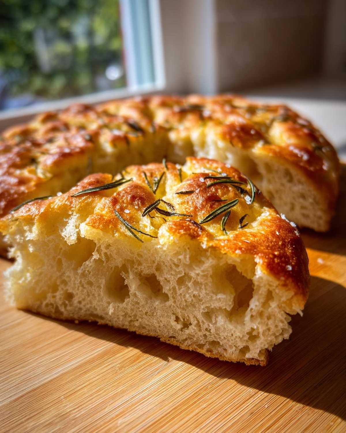 Close-up of a fluffy slice of No-Knead Skillet Focaccia with Rosemary and sea salt.