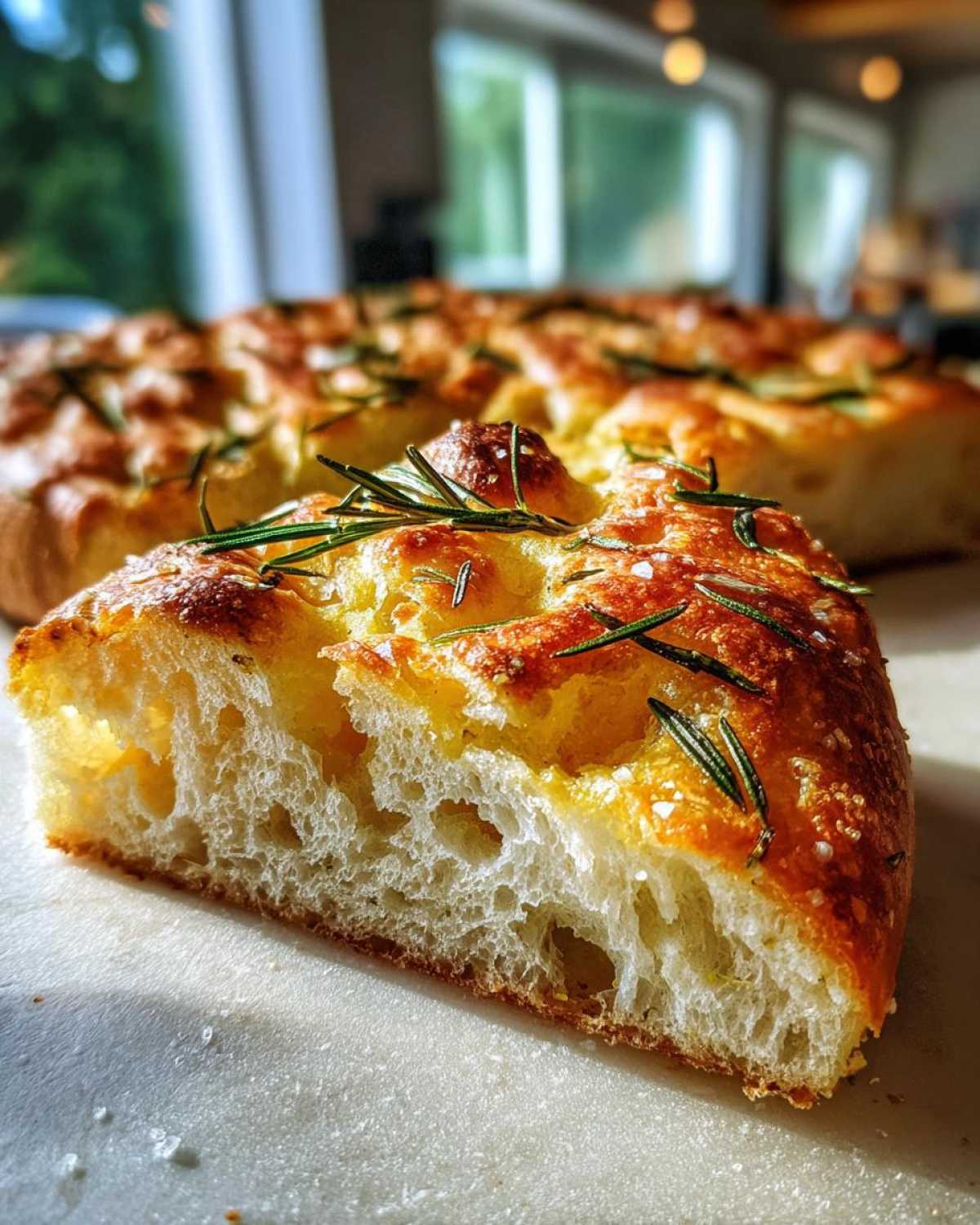 Close-up of a fluffy slice of No-Knead Skillet Focaccia with Rosemary and coarse salt.