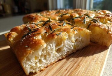 Close-up of a thick, airy slice of No-Knead Skillet Focaccia with Rosemary and coarse salt.