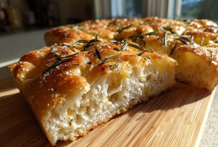 Close-up of a thick, airy slice of No-Knead Skillet Focaccia with Rosemary and coarse salt.