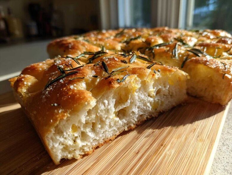 Close-up of a thick, airy slice of No-Knead Skillet Focaccia with Rosemary and coarse salt.