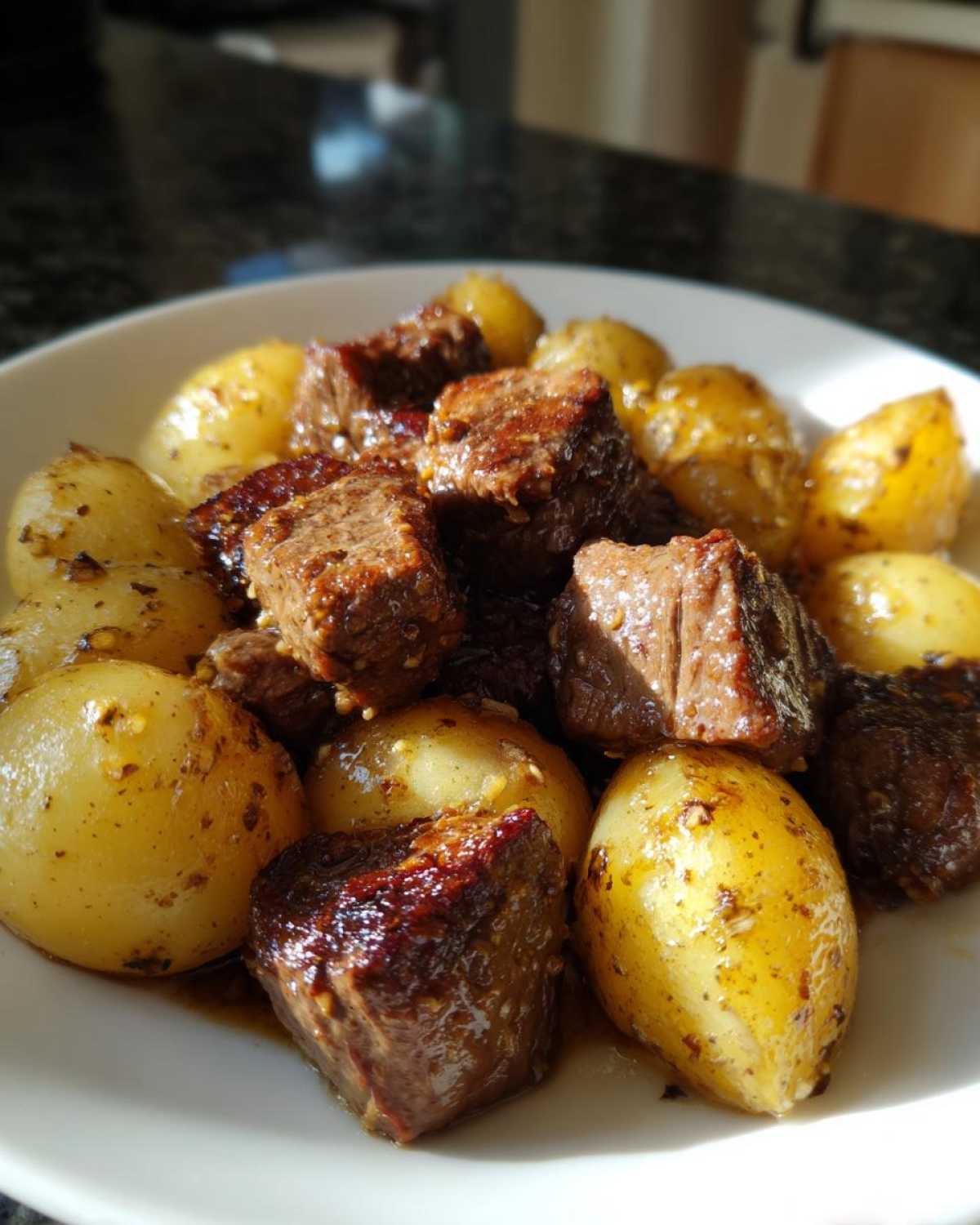Close-up of juicy, browned steak bites mixed with golden, seasoned potatoes from the One-Pan Garlic Butter Steak Bites recipe.