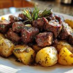 Close-up of juicy, seared One-Pan Garlic Butter Steak Bites and Potatoes garnished with rosemary.
