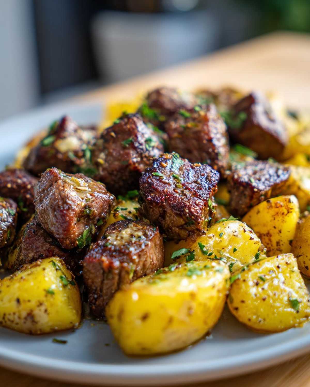 Juicy, seared steak bites mixed with golden roasted potatoes, coated in garlic butter sauce and fresh parsley.