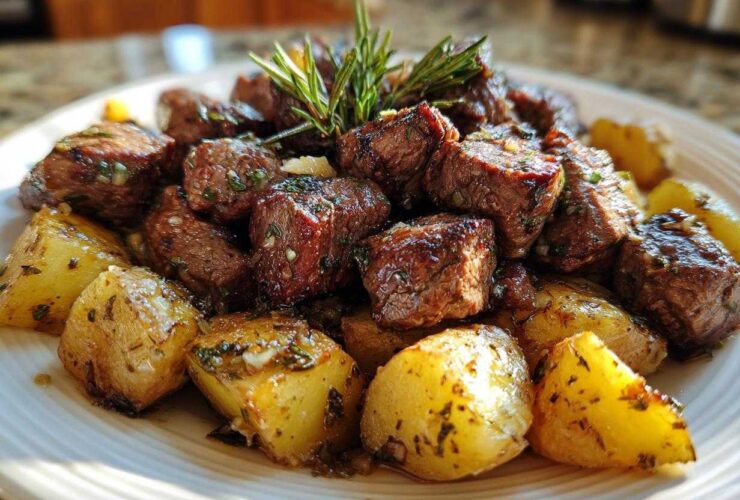 Close-up of juicy, seared One-Pan Garlic Butter Steak Bites and Potatoes garnished with rosemary.