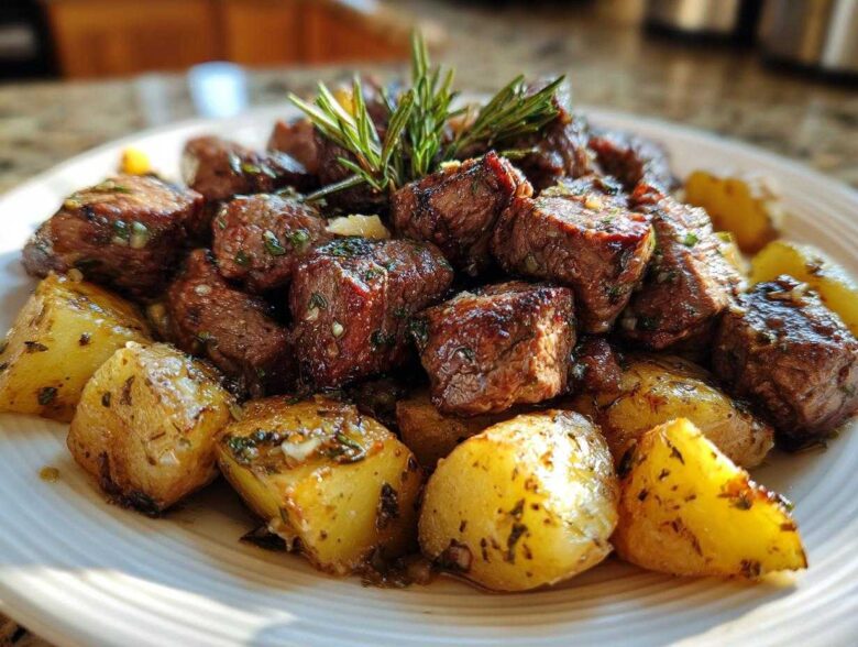Close-up of juicy, seared One-Pan Garlic Butter Steak Bites and Potatoes garnished with rosemary.