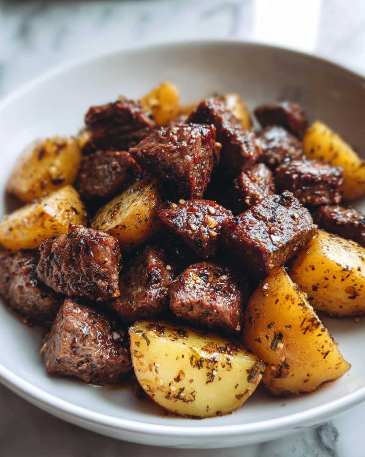 Close-up of savory, browned One-Pan Garlic Butter Steak Bites mixed with seasoned, golden potato wedges in a white bowl.
