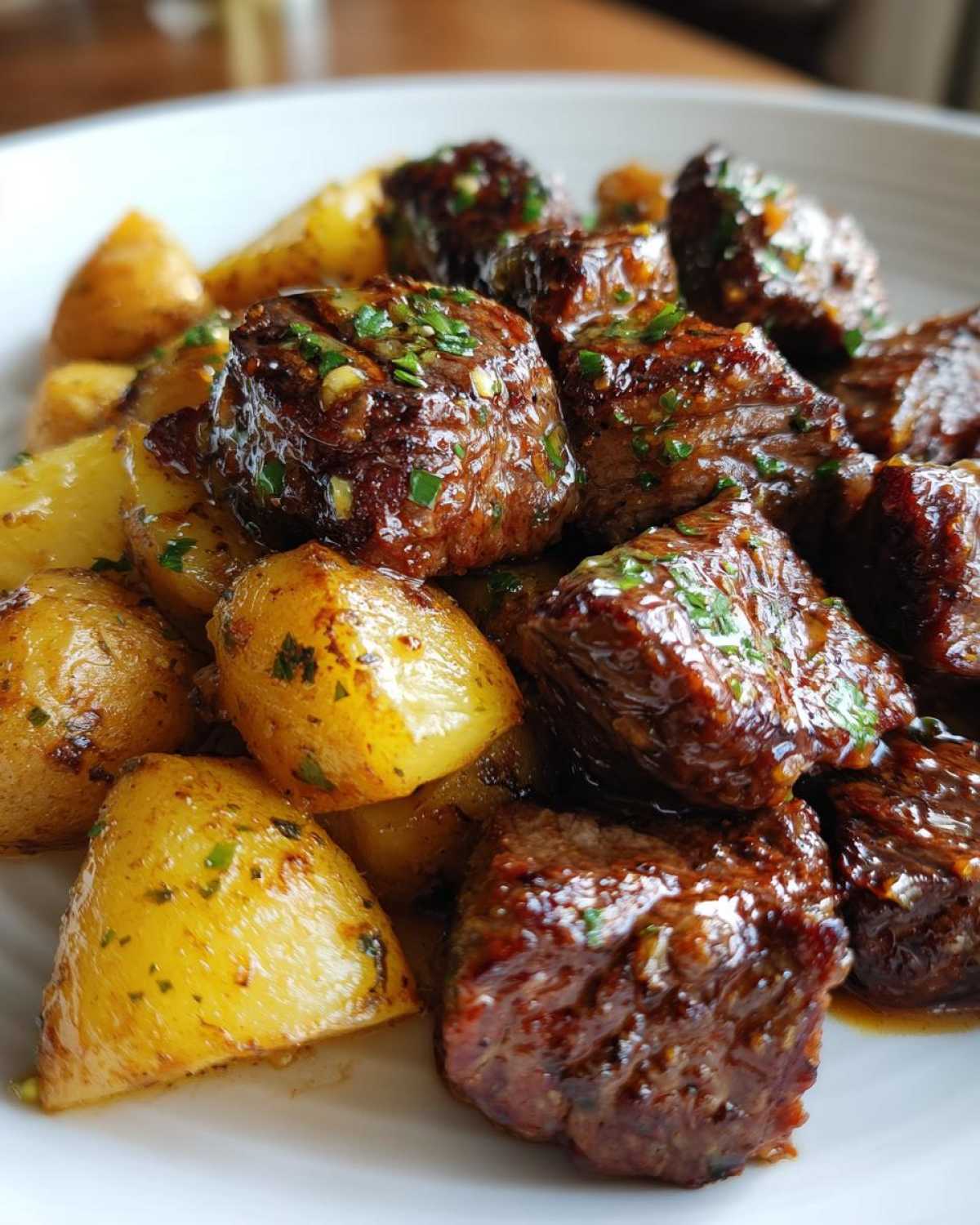 Close-up of juicy, glazed steak bites mixed with golden roasted potatoes, seasoned with garlic and parsley.