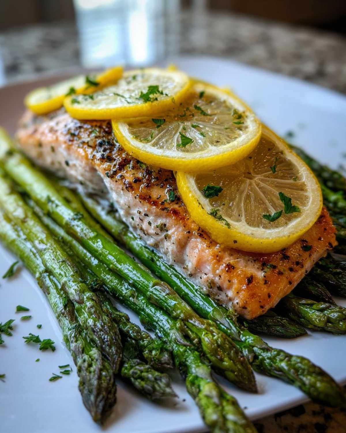 A perfectly cooked fillet of One-Pan Lemon Garlic Salmon resting on bright green asparagus spears, topped with lemon slices.