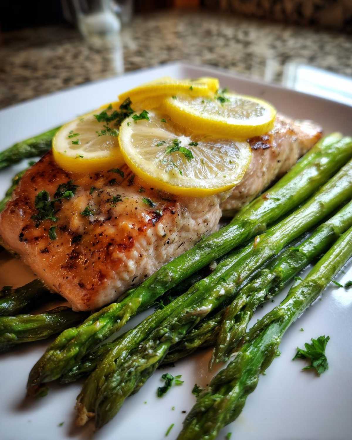 Close-up of a perfectly cooked One-Pan Lemon Garlic Salmon with Asparagus, topped with lemon slices and parsley.