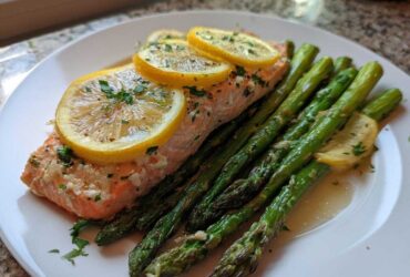 A serving of One-Pan Lemon Garlic Salmon with Asparagus topped with lemon slices and parsley.