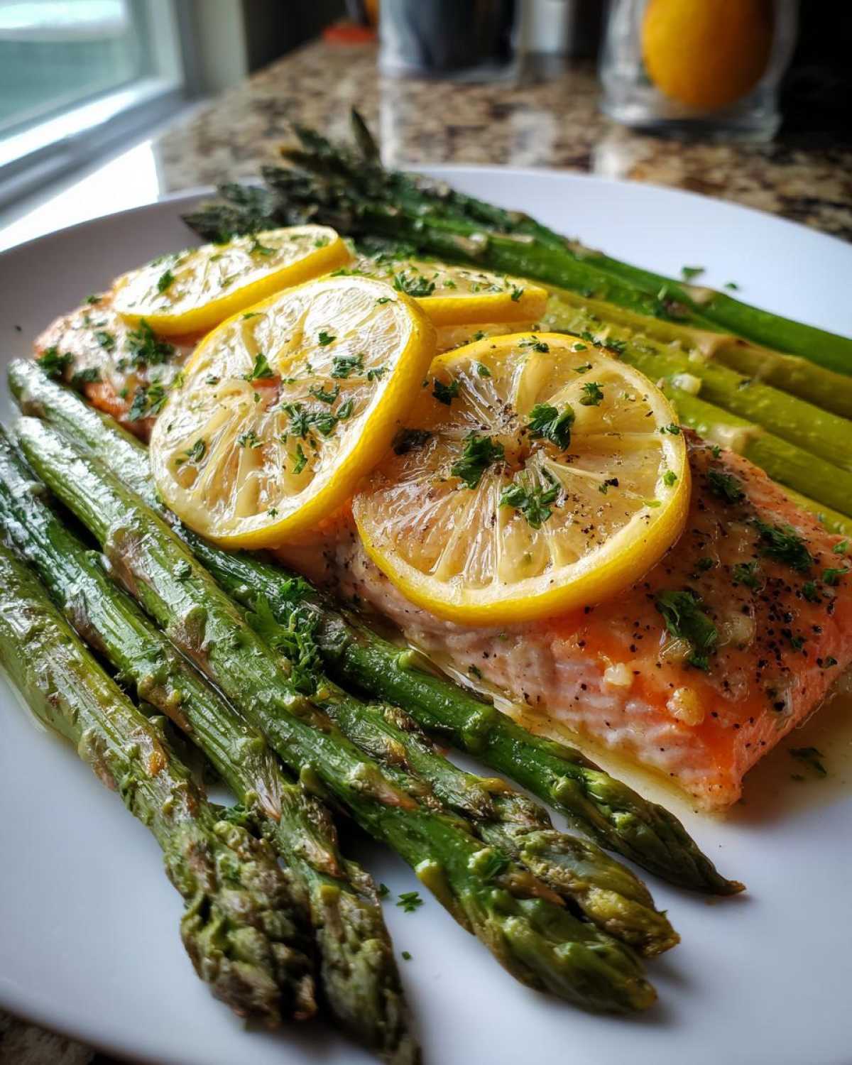 Close-up of a perfectly cooked One-Pan Lemon Garlic Salmon with Asparagus, topped with lemon slices and parsley.