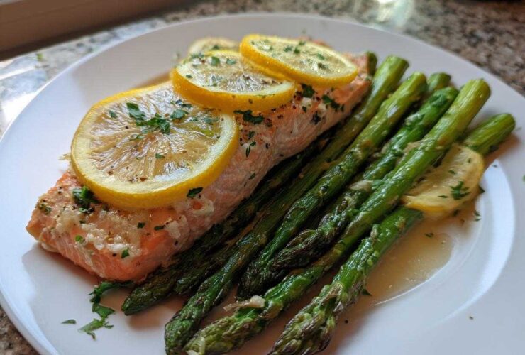 A serving of One-Pan Lemon Garlic Salmon with Asparagus topped with lemon slices and parsley.