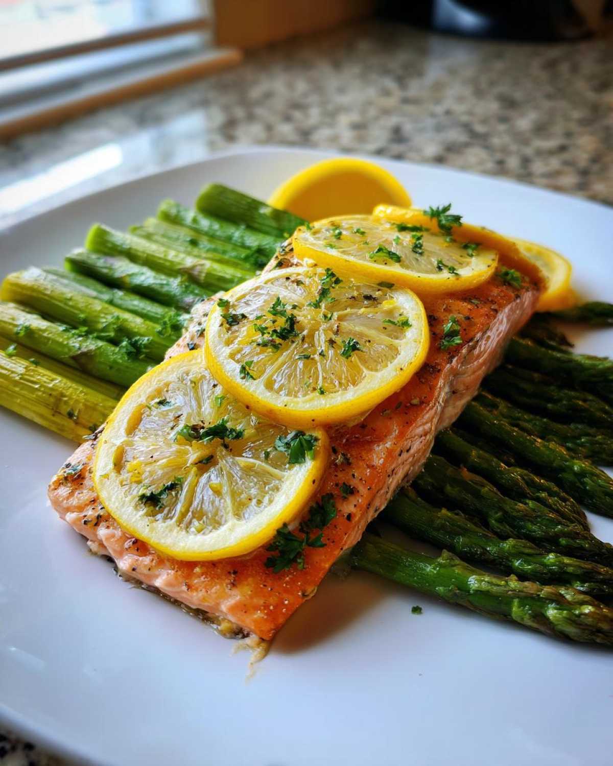 A plated serving of One-Pan Lemon Garlic Salmon with Asparagus, topped with lemon slices and parsley.
