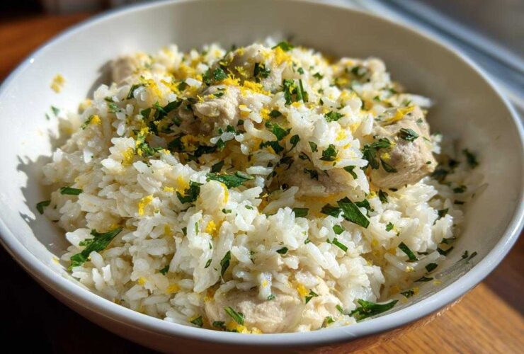 A close-up of a white bowl filled with One-Pot Chicken and Rice with Lemon and Herbs, topped with fresh parsley and lemon zest.