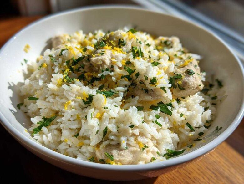 A close-up of a white bowl filled with One-Pot Chicken and Rice with Lemon and Herbs, topped with fresh parsley and lemon zest.