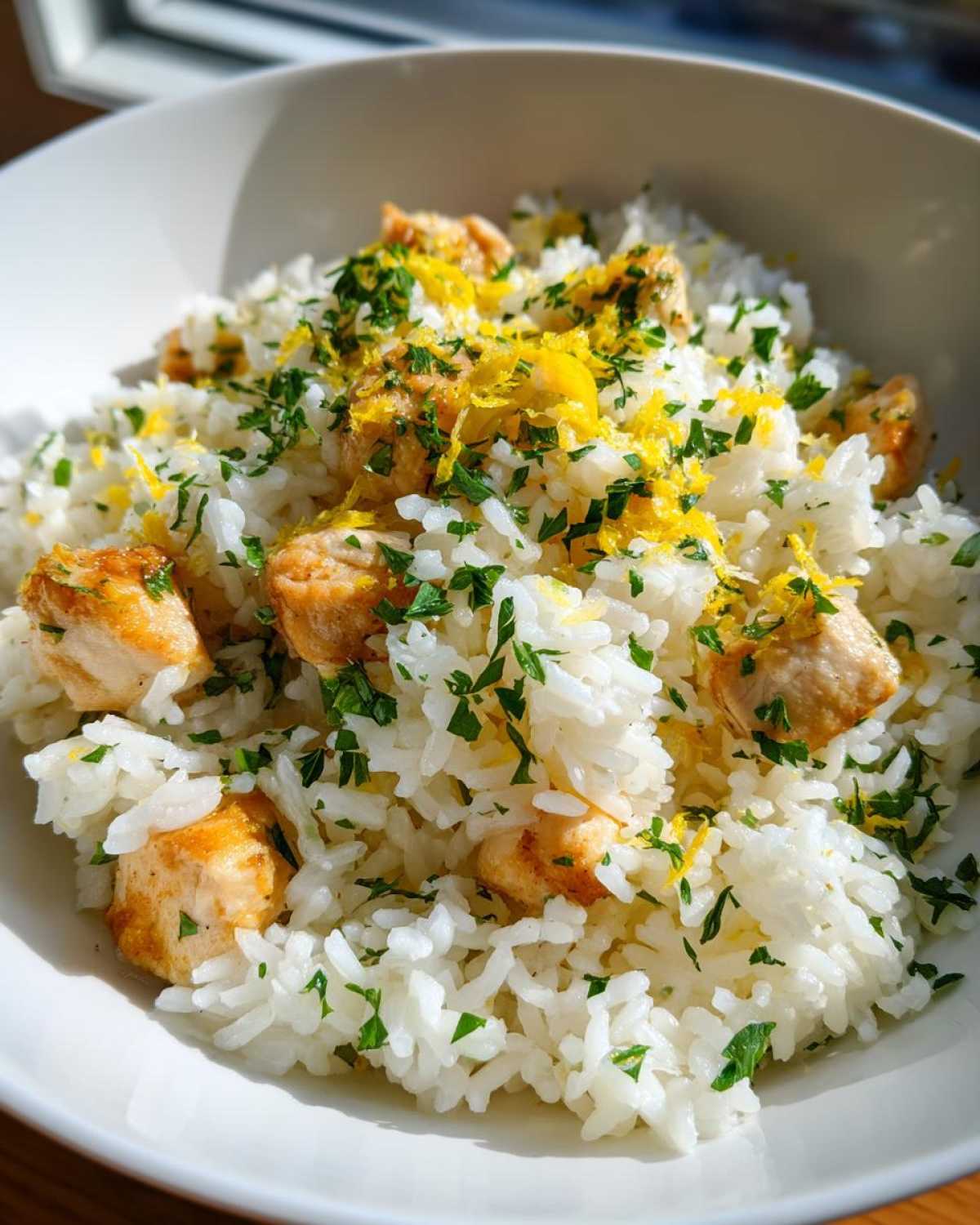 Close-up of a white bowl filled with One-Pot Chicken and Rice with Lemon and Herbs, topped with lemon zest and parsley.