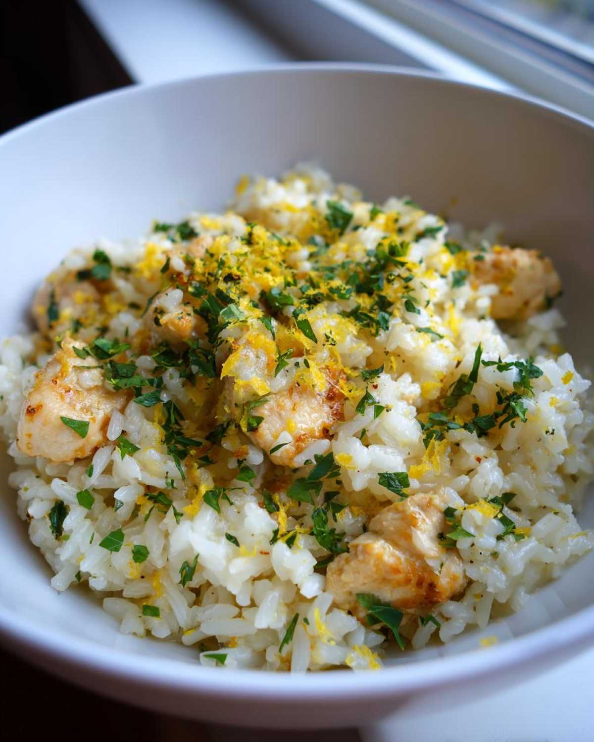 Close-up of One-Pot Chicken and Rice with Lemon and Herbs, topped with fresh parsley and bright yellow lemon zest.