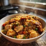 Close-up of a steaming white bowl filled with flavorful One-Pot Chicken Jambalaya, featuring rice, chicken chunks, and sliced sausage.