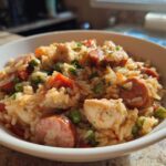 A close-up of a white bowl filled with flavorful One-Pot Chicken Jambalaya, featuring rice, chicken pieces, sliced sausage, and green peas.