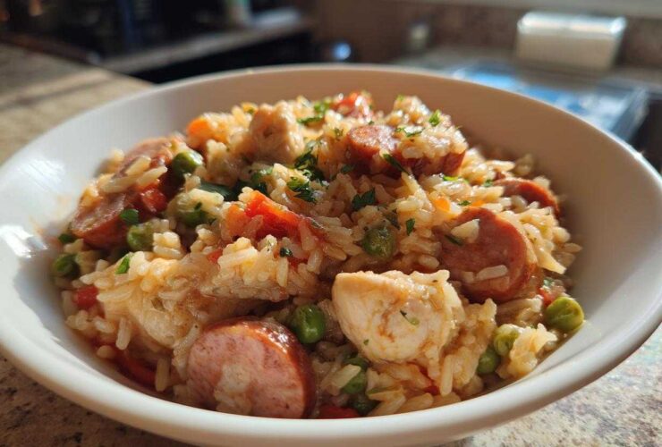 A close-up of a white bowl filled with flavorful One-Pot Chicken Jambalaya, featuring rice, chicken pieces, sliced sausage, and green peas.