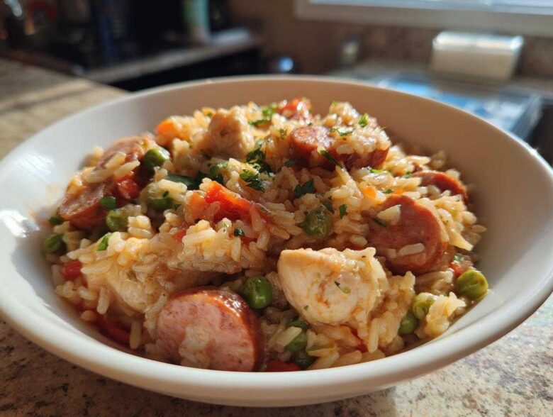 A close-up of a white bowl filled with flavorful One-Pot Chicken Jambalaya, featuring rice, chicken pieces, sliced sausage, and green peas.