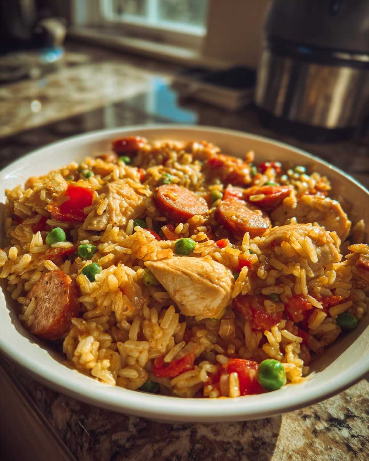 Close-up of a white bowl filled with One-Pot Chicken Jambalaya featuring rice, chicken pieces, sausage slices, and peas.