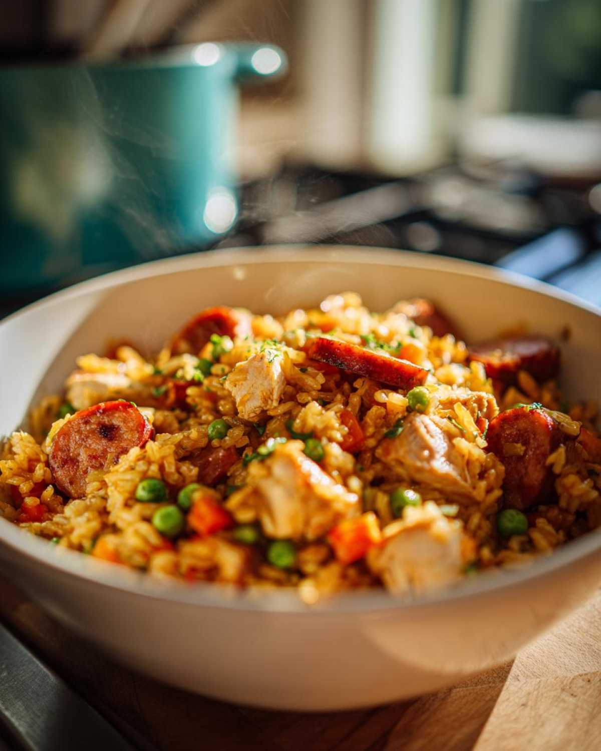 Close-up of a steaming bowl filled with One-Pot Chicken Jambalaya featuring rice, chicken chunks, sausage slices, and peas.