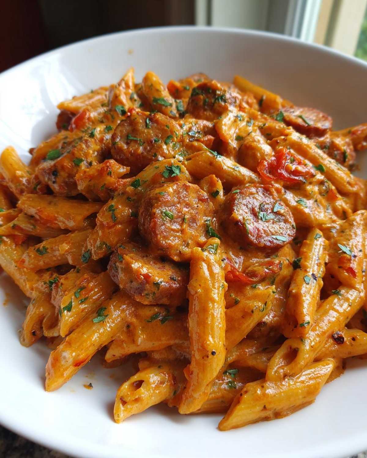 A close-up of a white bowl filled with One-Pot Creamy Cajun Sausage Pasta, featuring penne pasta and sliced sausage coated in a rich sauce.