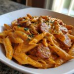 A close-up of a white bowl filled with One-Pot Creamy Cajun Sausage Pasta, featuring penne pasta and sliced sausage in a rich orange sauce.
