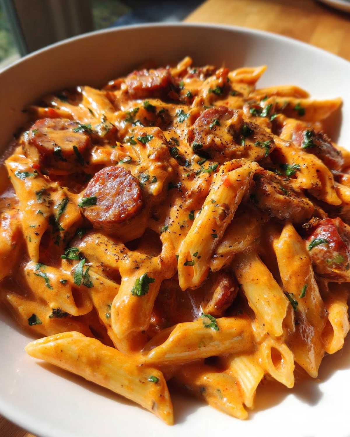 A close-up view of One-Pot Creamy Cajun Sausage Pasta featuring penne coated in a rich orange sauce with sliced sausage and parsley.