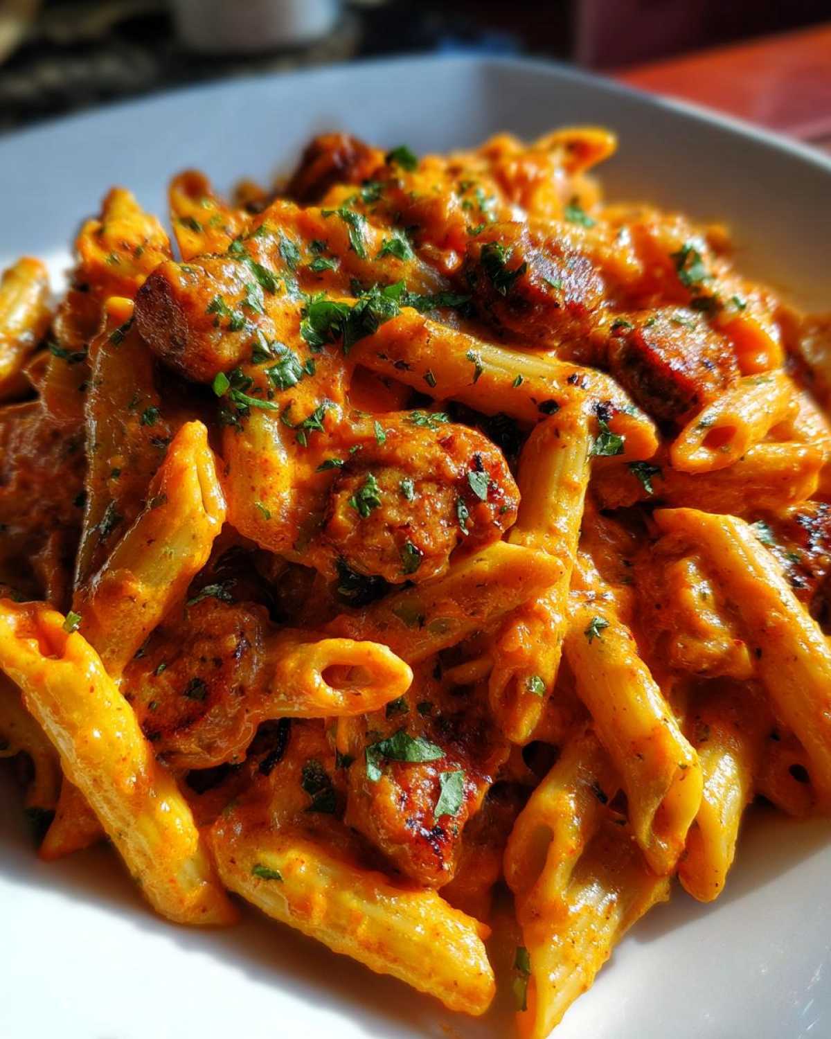 A close-up view of a white bowl filled with One-Pot Creamy Cajun Sausage Pasta, featuring penne pasta and sliced sausage in a rich orange sauce, garnished with parsley.